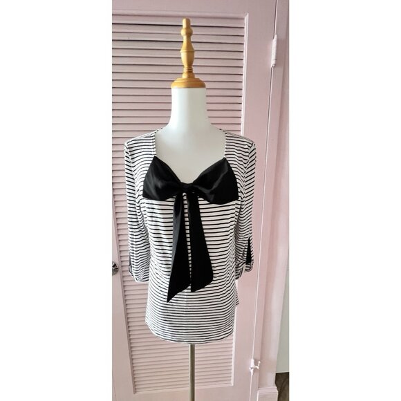 Vintage Size XL Women's Striped Top Big Bow Black White Stretch Made in USA - Picture 9 of 11